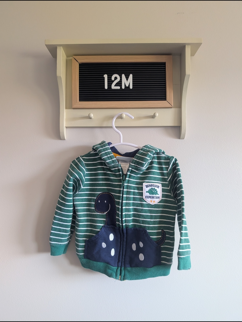 Striped Green Dino Zip Hoodie for Toddlers - 12M